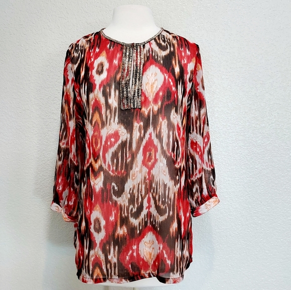 Chico's Tops - 🔴3/$20 Chico's Red & Brown Sheer 3/4 Sleeves Blouse Size M